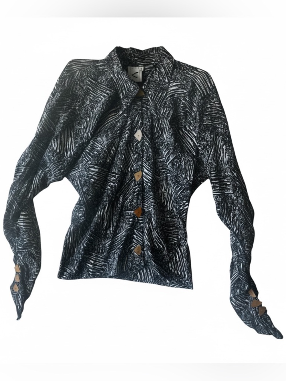 Julie V England 100% Silk 90s Abstract Animal Print Blouse 8 Top Light Blue Tan - Picture 2 of 16